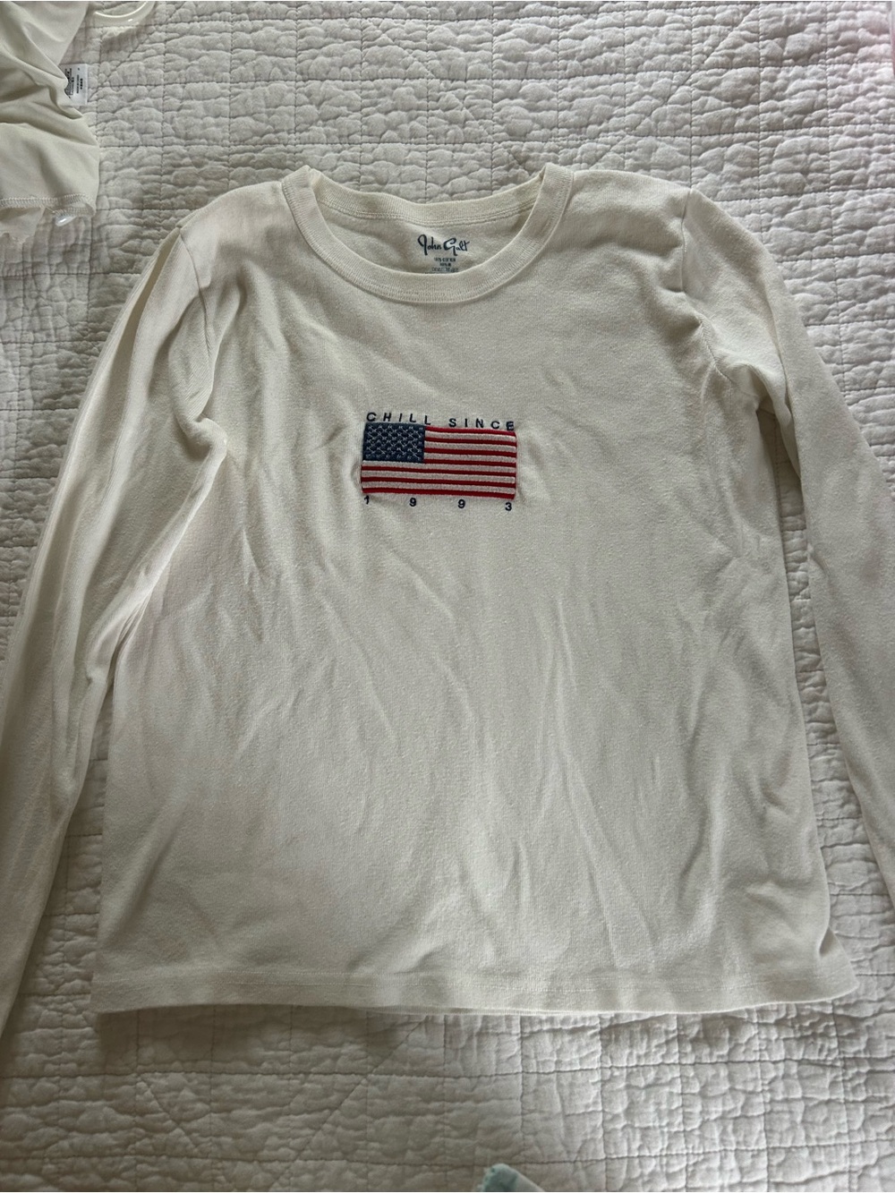 Brandy Melville Cream Long Sleeve Tee with Embroidered Flag